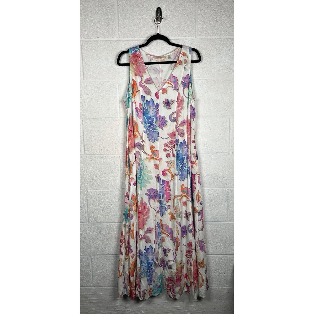 Soft Surroundings XL Maxi Dress Floral Watercolor Boho Sleeveless V Neck Pockets